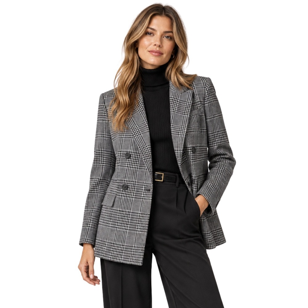 Ann Taylor Blazer Size 4 Black White Glen Plaid Double Breasted Preppy NEW